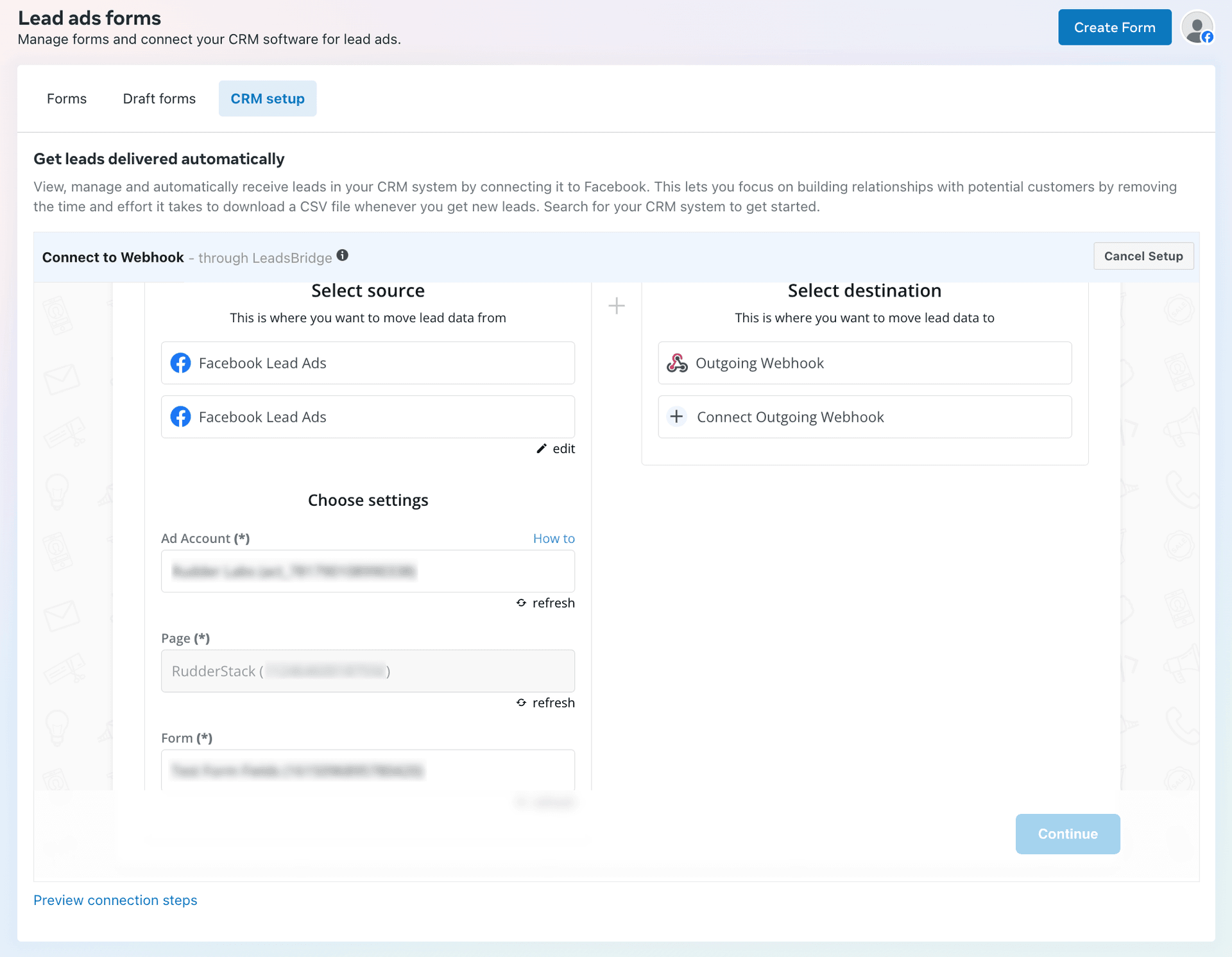 Facebook Lead Ads CRM setup source settings