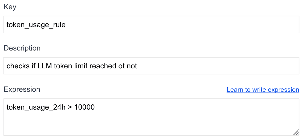 Token usage rule configuration showing 10k daily limit condition